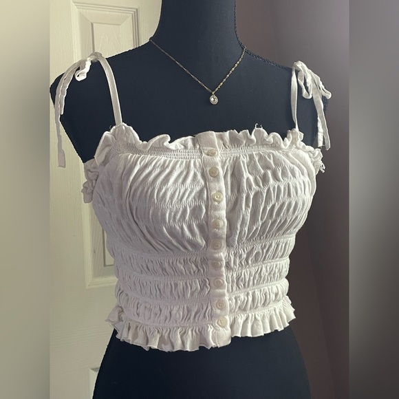 Tops - White Smocked Tie-Strap Crop Top